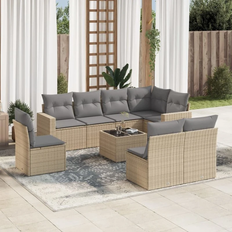 9-dele havemøbelsæt i polyrattan med hynder, beige