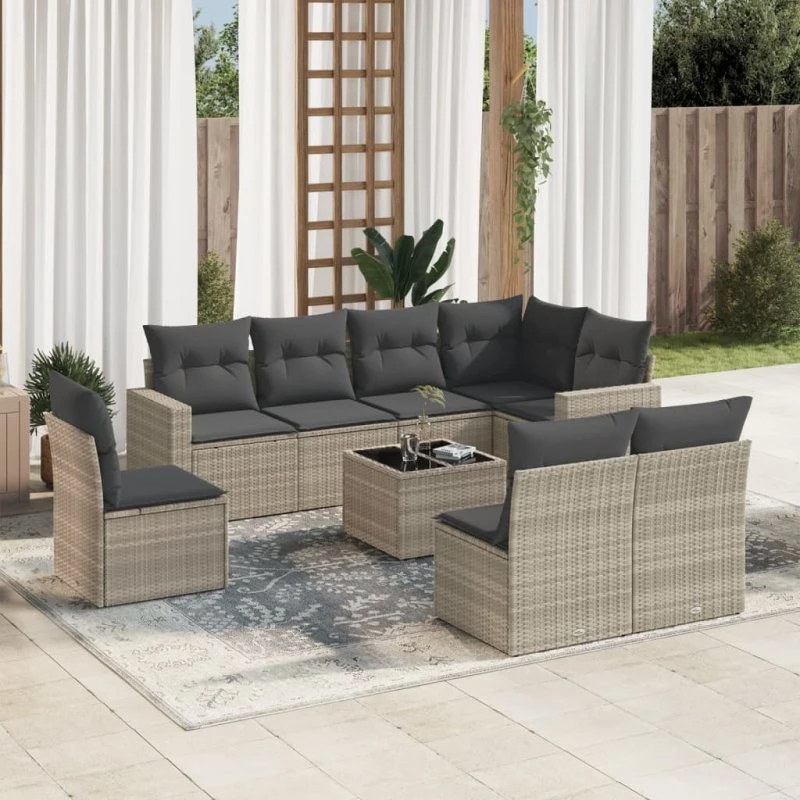 Havesofasæt 9 dele i lysegrå polyrattan med hynder
