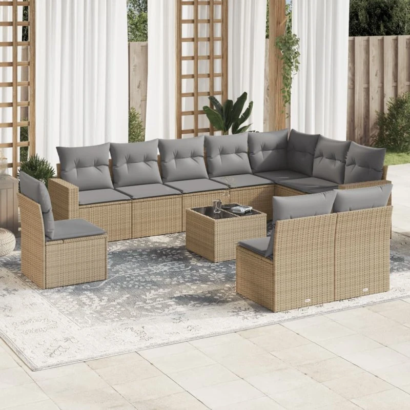 Havesofasæt 11 dele polyrattan med hynder, beige