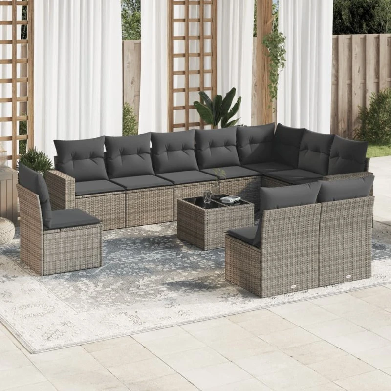 Loungesæt til have 11 dele med hynder – polyrattan grå