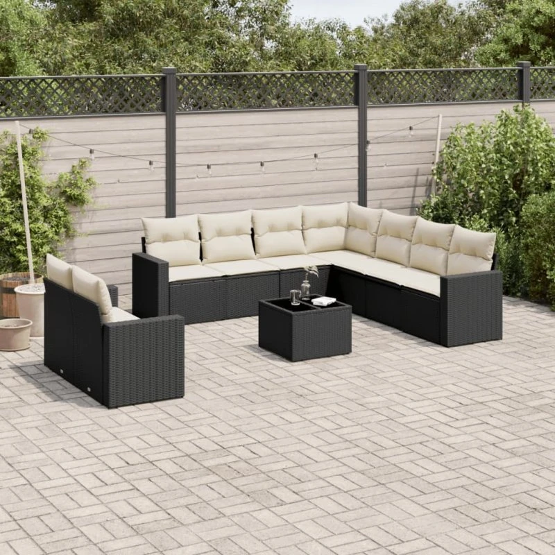 Sofasæt til haven 10 dele i sort polyrattan med hynder