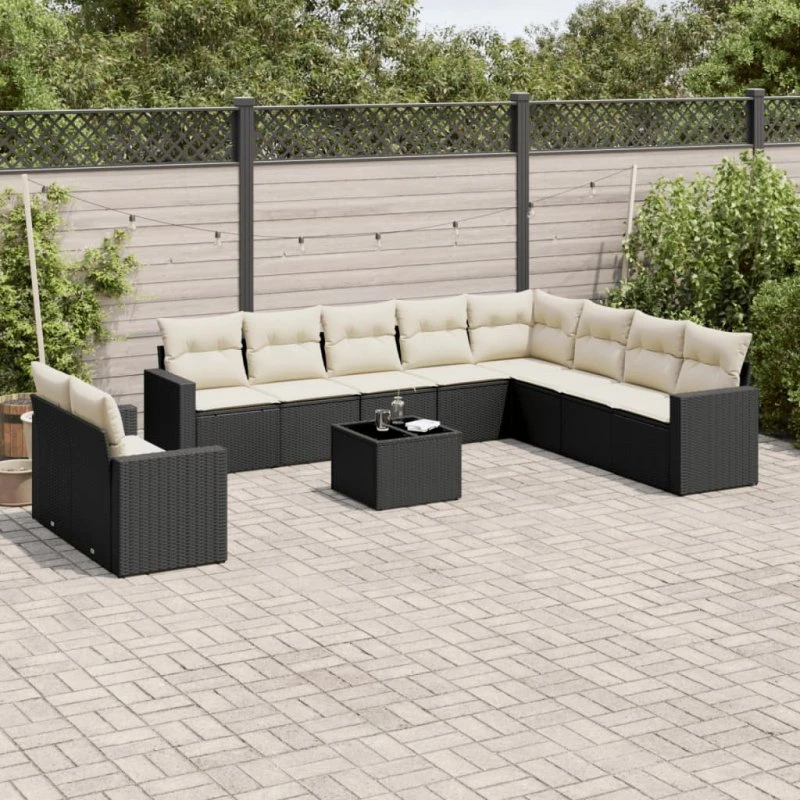 Havesofasæt 11 dele i sort polyrattan inkl. hynder