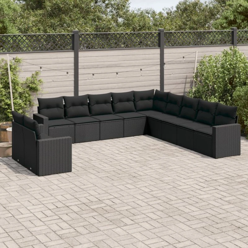Havesofasæt 11 dele i sort polyrattan med hynder