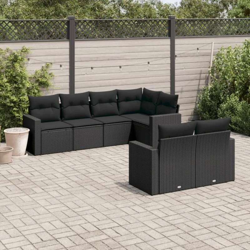 7-delers havesofasæt i sort polyrattan med hynder