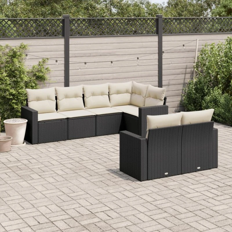 Havesofasæt 7 dele i sort polyrattan med hynder