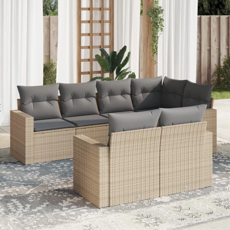 7-delers havesofasæt i polyrattan med hynder - beige