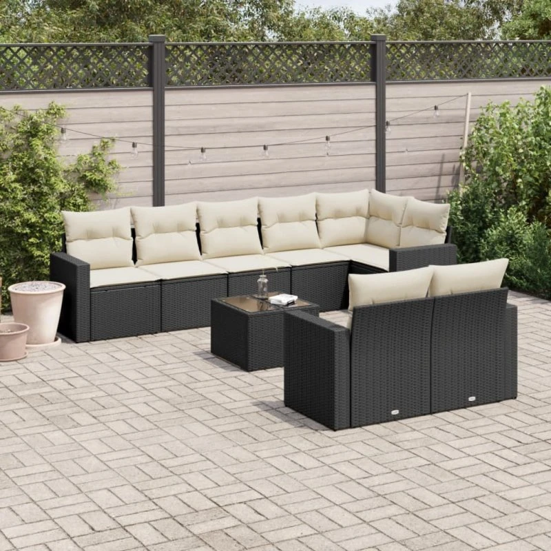 Havesofasæt 9 dele polyrattan med hynder - sort