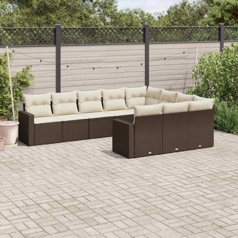 Havesofasæt 10 dele i brunt polyrattan med hynder