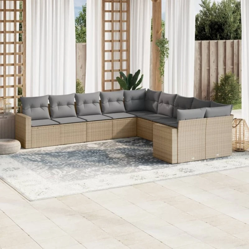 10-dele polyrattan havesæt med hynder - beige