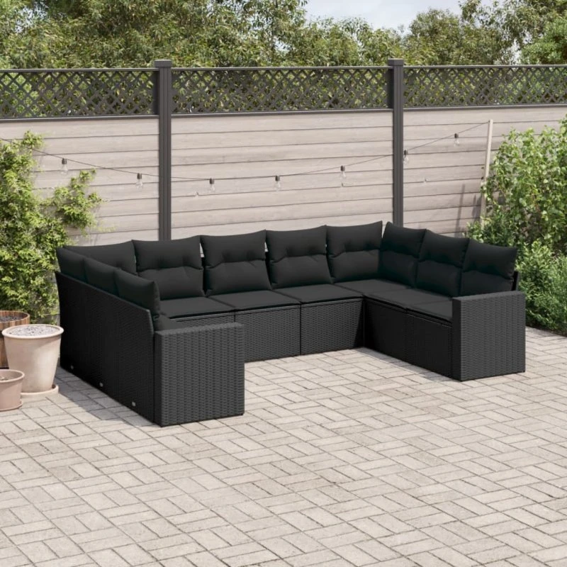 Havesofasæt 9 dele i sort polyrattan med hynder