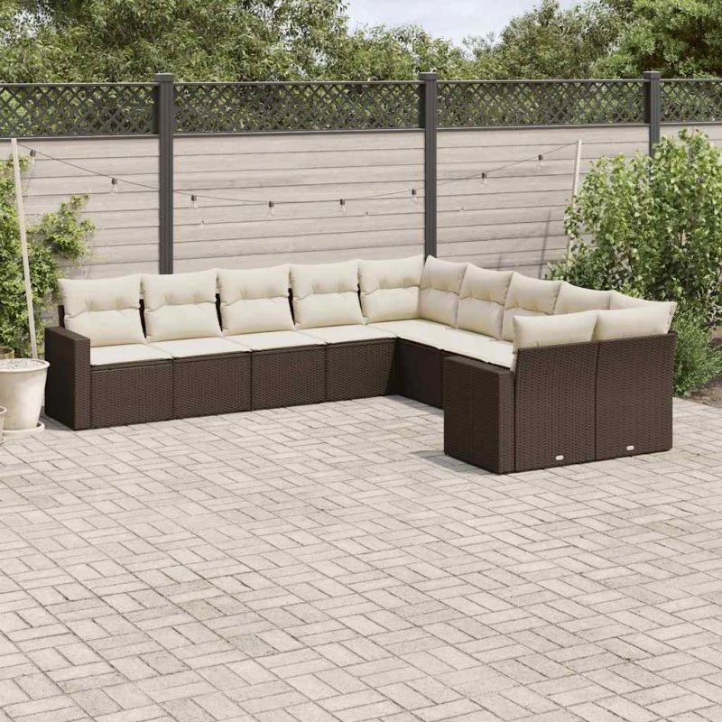 Havesofasæt 10 dele i polyrattan med hynder, brun
