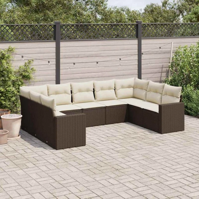 Havesofasæt 9 dele i brun polyrattan med hynder