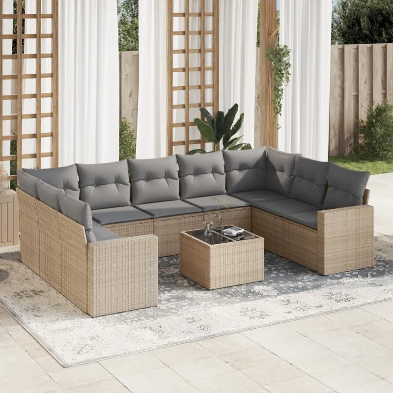 Sofasæt til haven 10 dele i polyrattan med hynder - beige