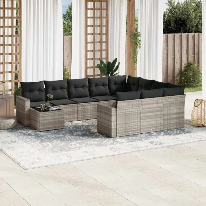 Loungesæt 11 dele i grå polyrattan med hynder