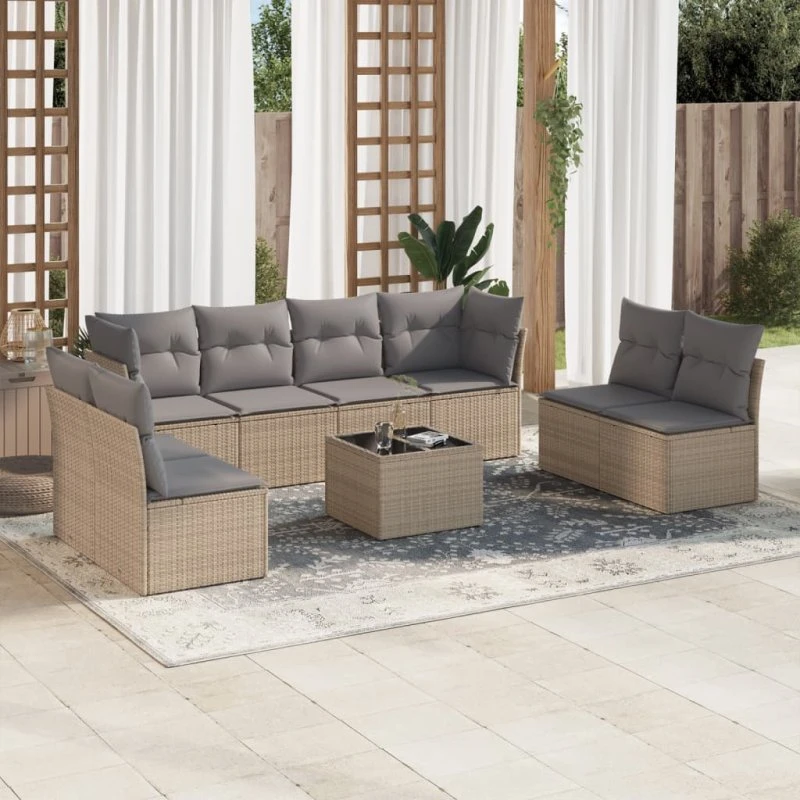 Havesofasæt 9 dele i polyrattan beige med hynder