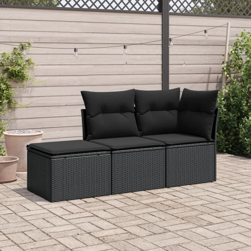 Havesofasæt 3 dele i sort polyrattan med hynder