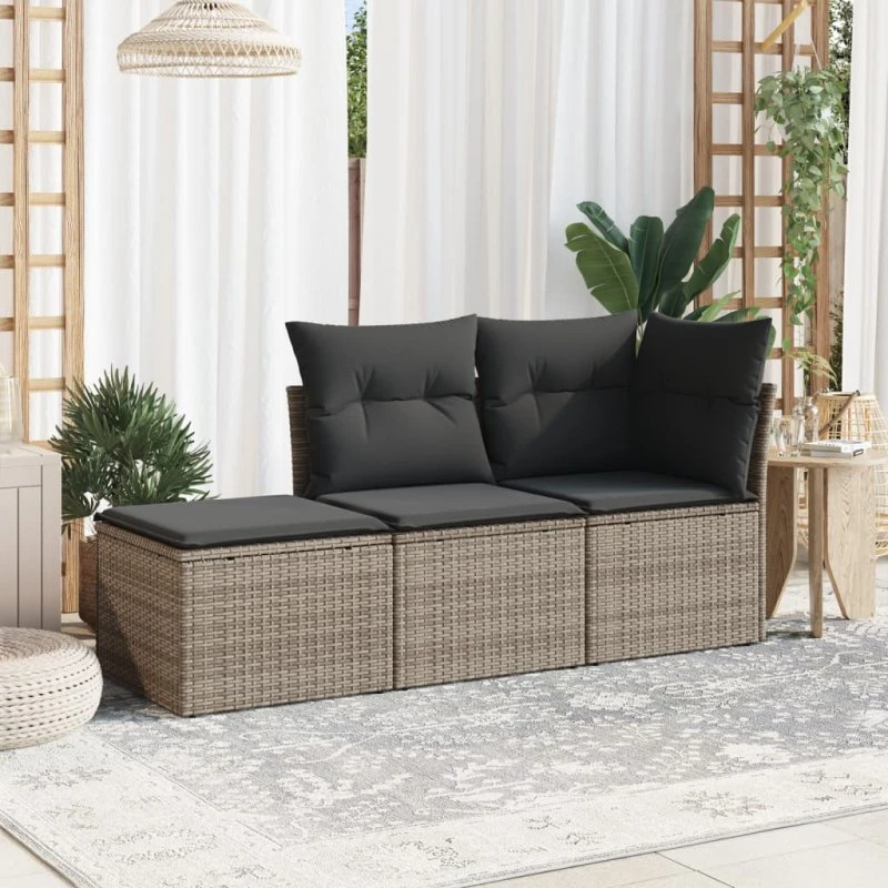 Havesofasæt 3 dele i grå polyrattan med hynder