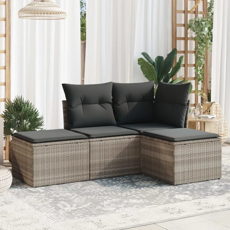 Havesofasæt 4 dele i lysegrå polyrattan med hynder