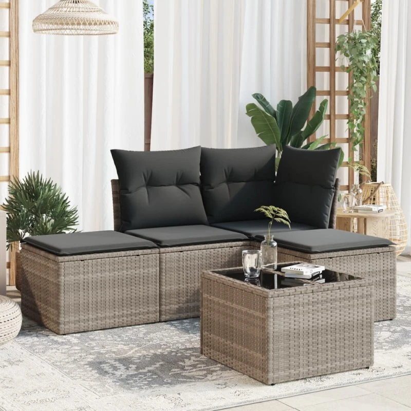 Sofasæt 5 dele i polyrattan med hynder - lysegrå