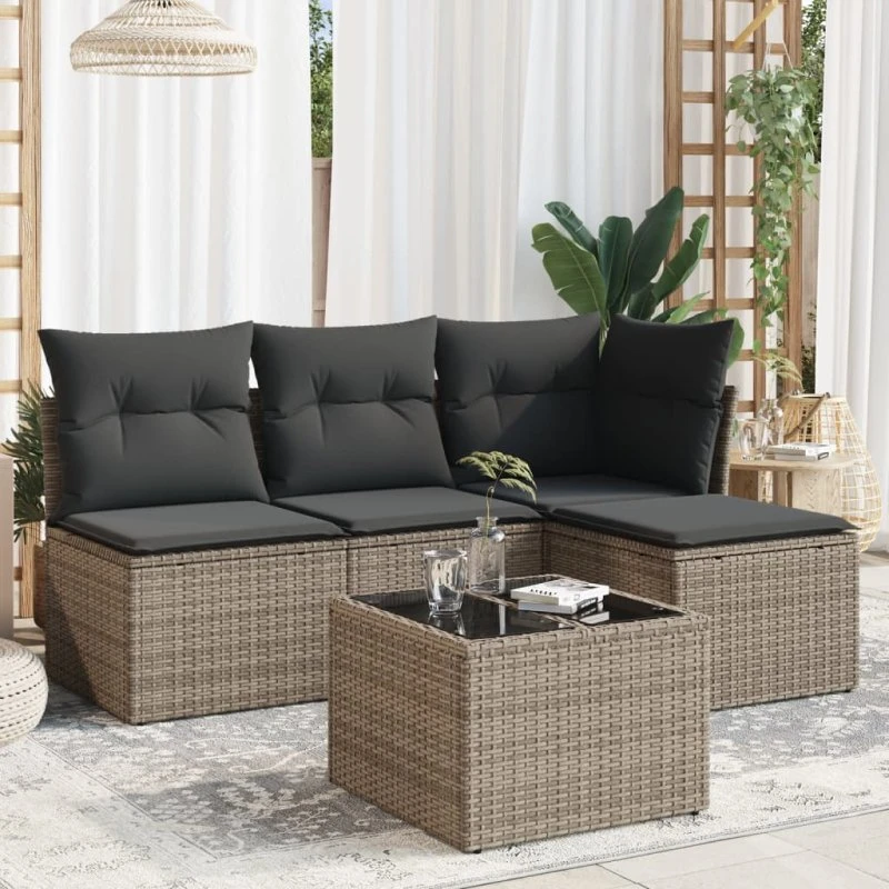 Havesofasæt 5 dele i grå polyrattan med hynder