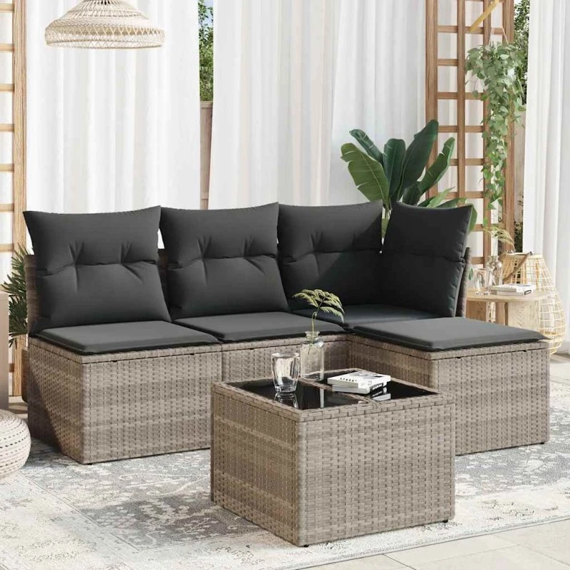 Havesofasæt 5 dele i lysegrå polyrattan med hynder