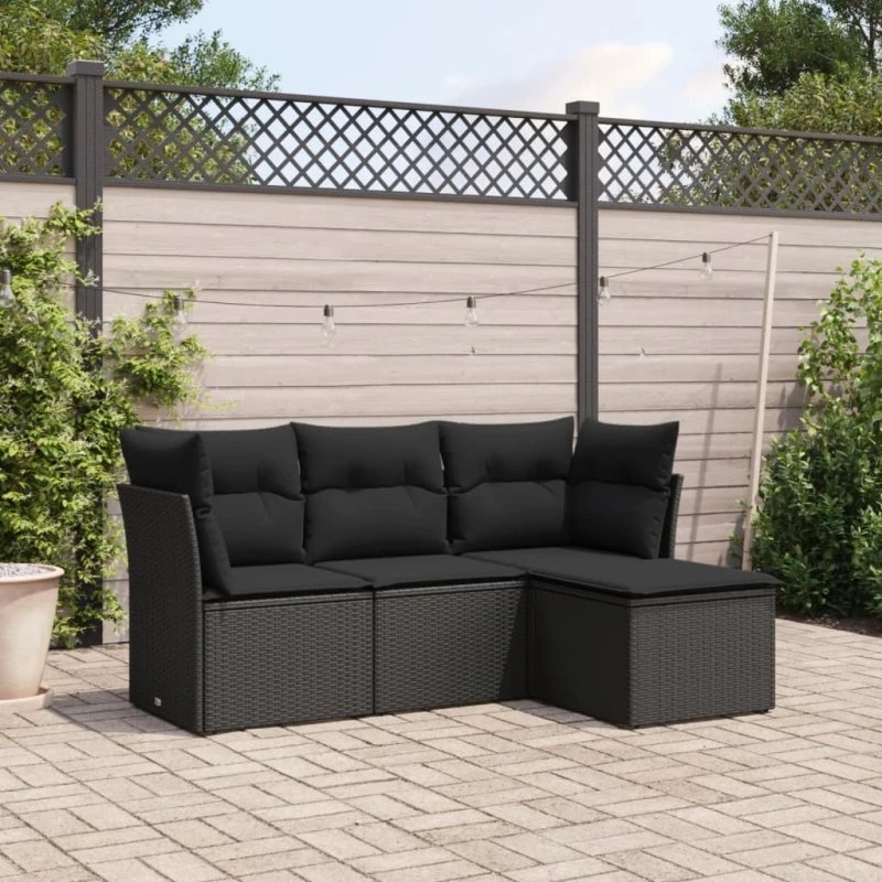 Sofasæt til have 4 dele i sort polyrattan med hynder