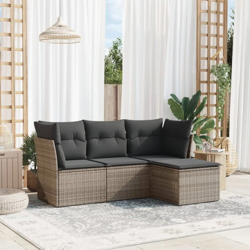 Havesofasæt 4 dele i polyrattan med hynder – grå