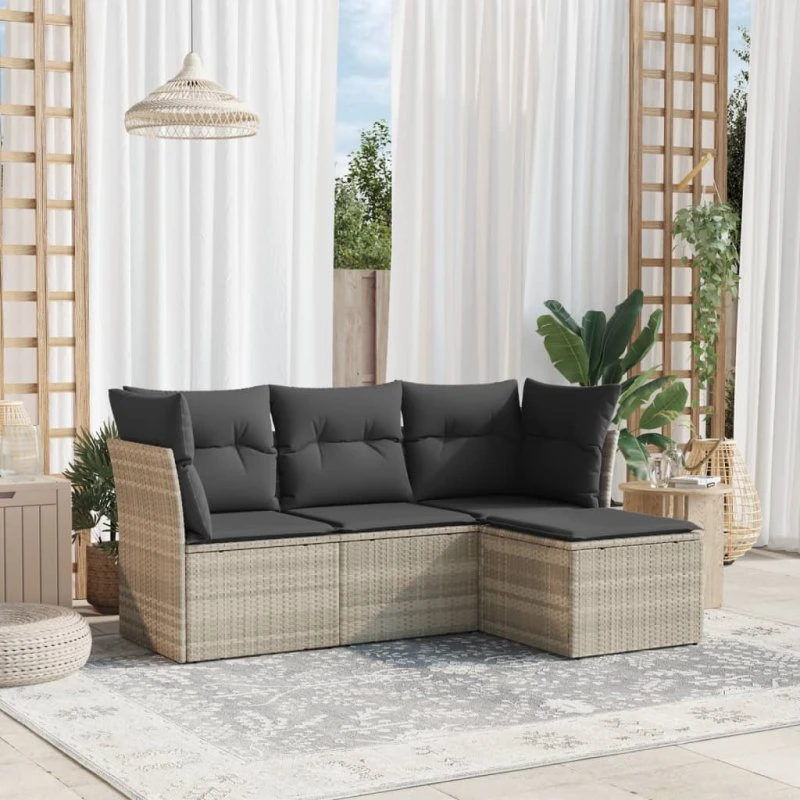 Havesofasæt 4 dele i polyrattan med hynder – lysegrå