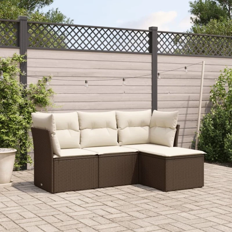 Havesofasæt 4 dele i brun polyrattan med hynder