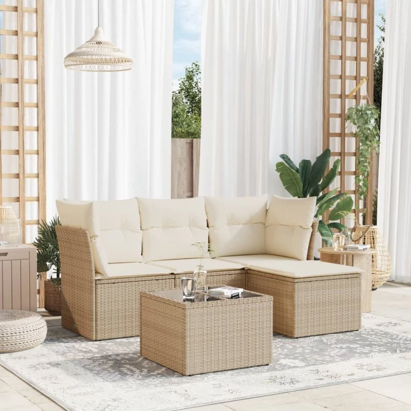 Havesofasæt 5 dele polyrattan med hynder – beige