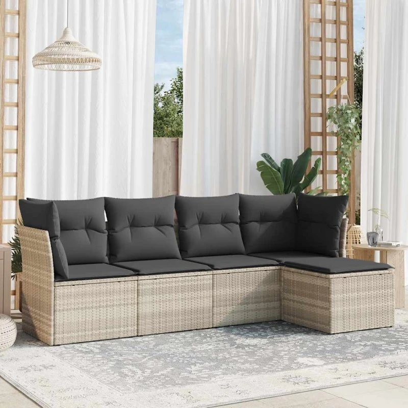 Sofasæt 5 dele i polyrattan med hynder, lysegrå