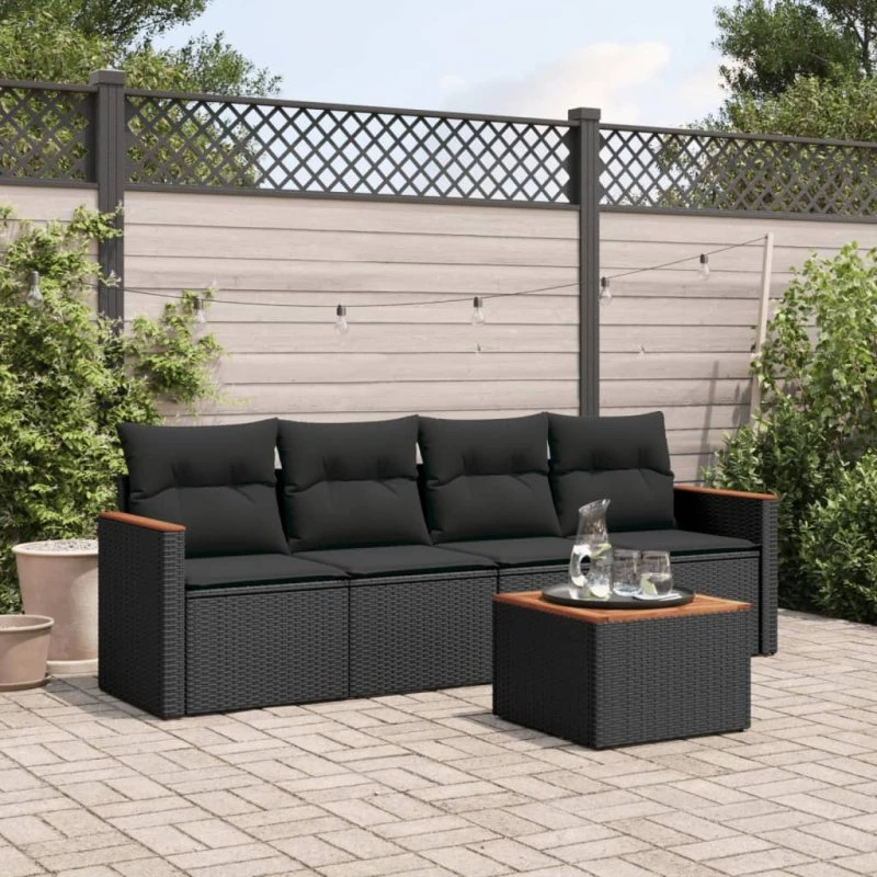 Sofasæt til haven 5 dele i sort polyrattan inkl. hynder