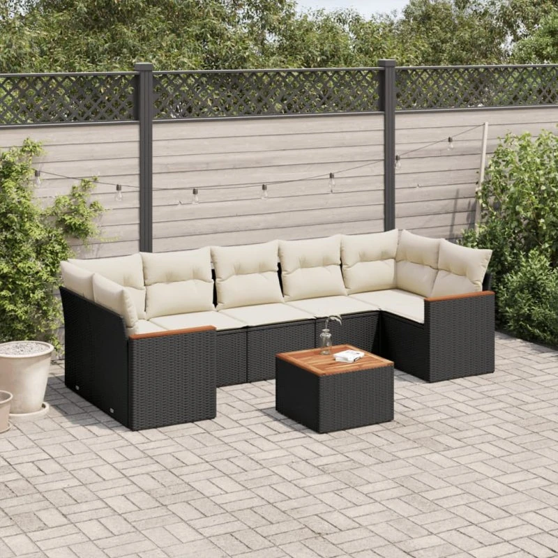 Havesofasæt 8 dele i sort polyrattan med hynder