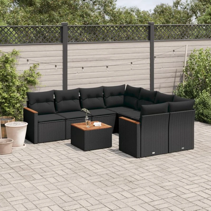 Polyrattan sofasæt til haven 9 dele med hynder - sort