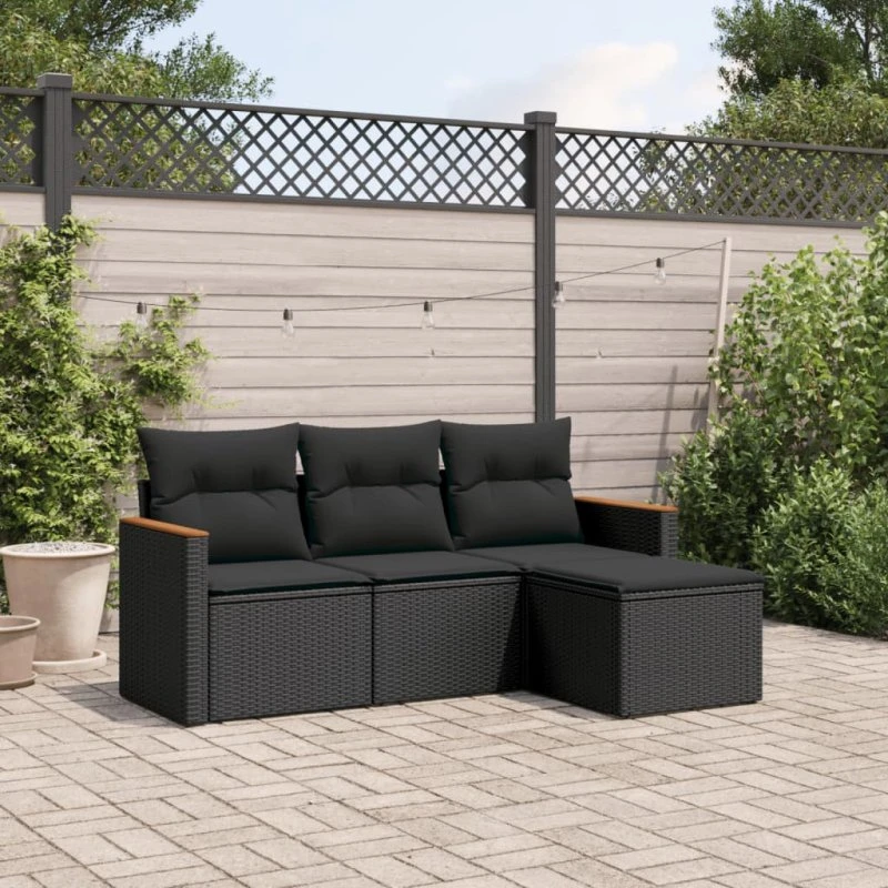 Havesofasæt 4 dele i sort polyrattan med hynder
