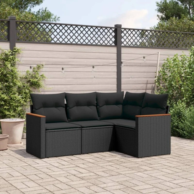 Havesofasæt 4 dele i sort polyrattan inkl. hynder