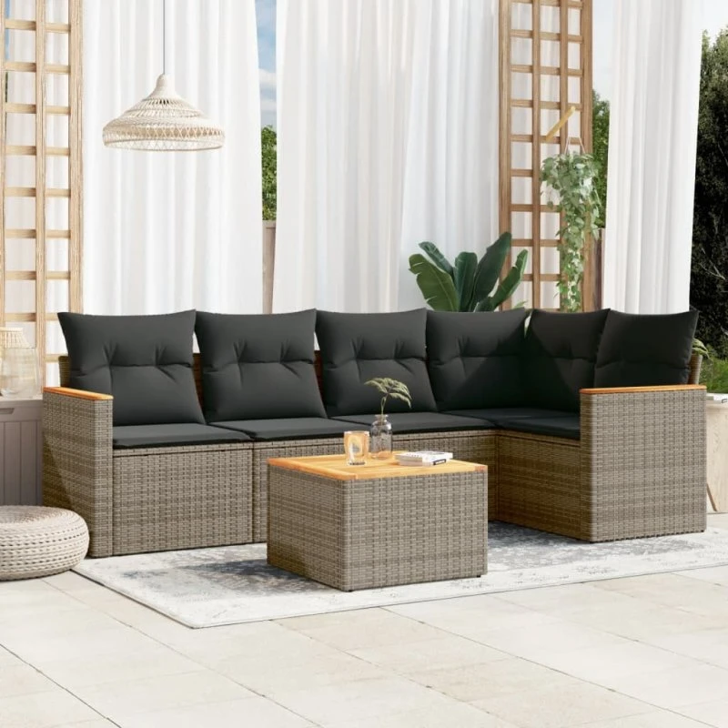 Havesofasæt 6 dele i polyrattan med hynder – grå