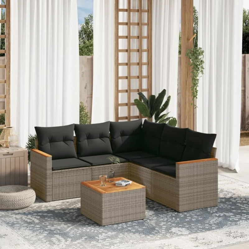 Sofasæt til haven 6 dele i polyrattan med hynder, grå