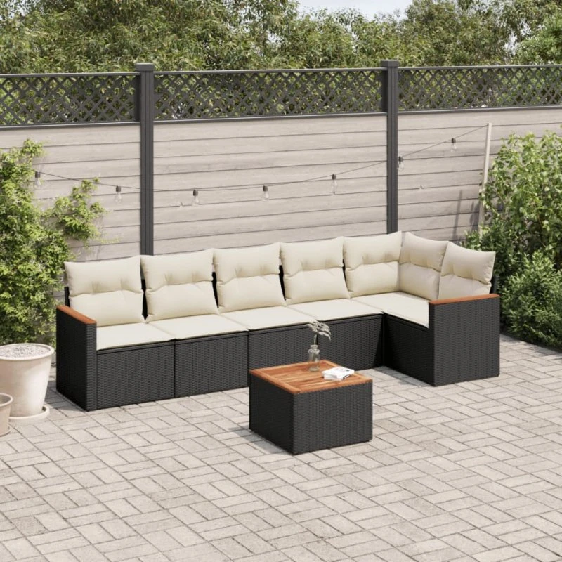 7-delssæt havesofa i sort polyrattan med hynder