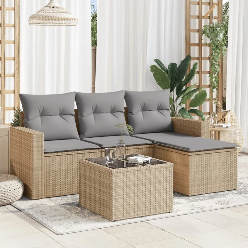 Polyrattan sofasæt til haven 5 dele med hynder - beige