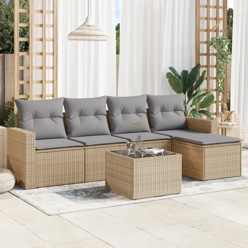 Sofasæt til haven 6 dele i beige polyrattan inkl. hynder