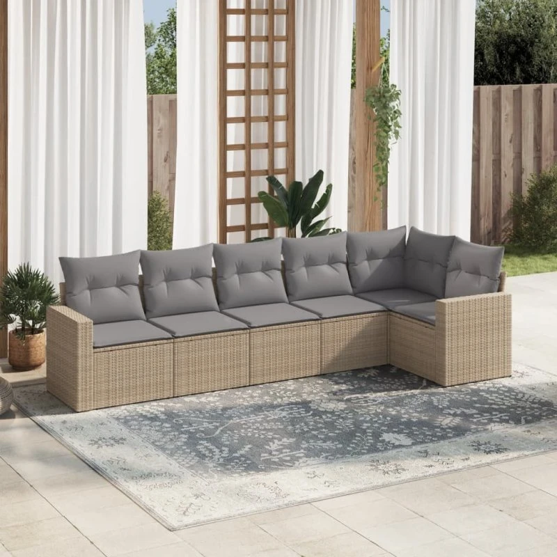 Havesofa sæt 6 dele i polyrattan med hynder – beige