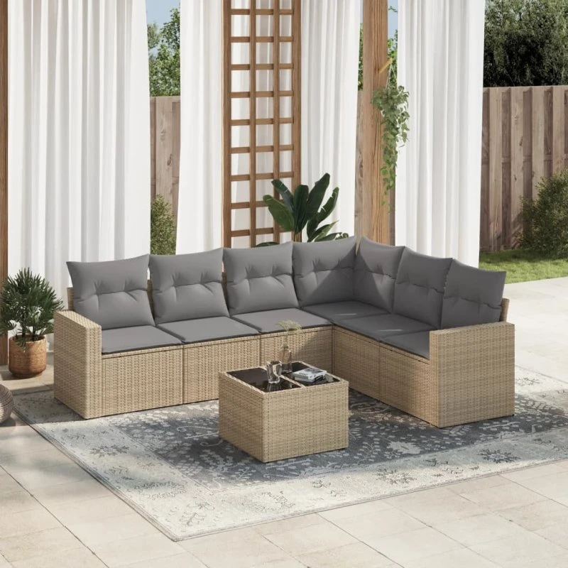 7-delt havemøbelsæt i polyrattan med hynder - beige