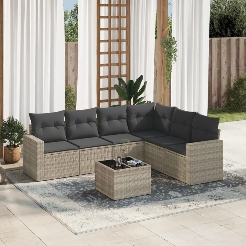 Havesofasæt 7 dele i polyrattan lysegrå med hynder