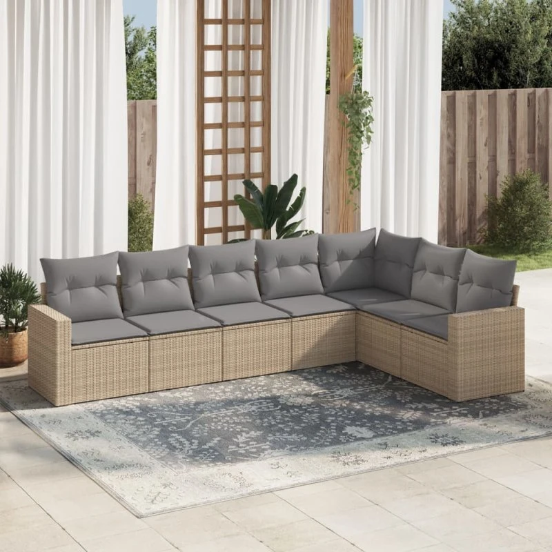 Havesæt 7 dele i polyrattan med hynder – beige