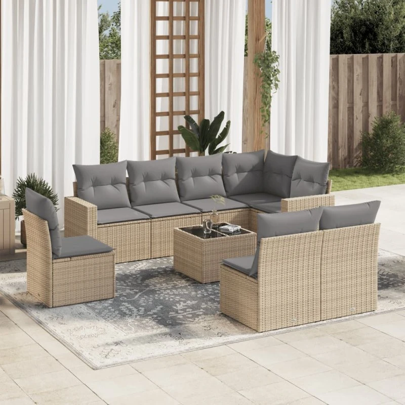 Sofasæt til haven 9 dele i polyrattan med hynder – beige