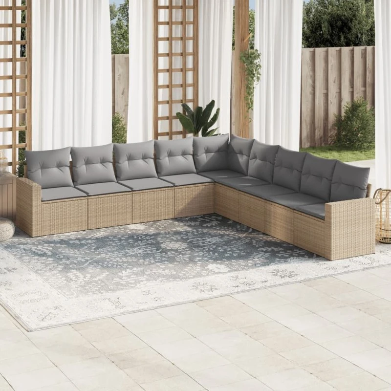 Havesofasæt 9 dele i polyrattan med hynder – beige