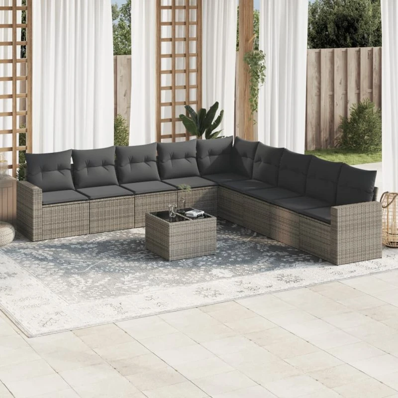 Sofasæt til haven 10 dele i grå polyrattan med hynder