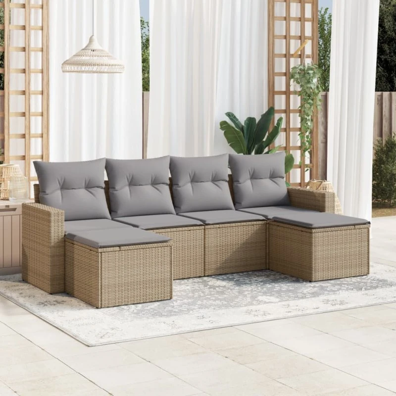 Havesæt 6 dele i polyrattan med hynder - beige