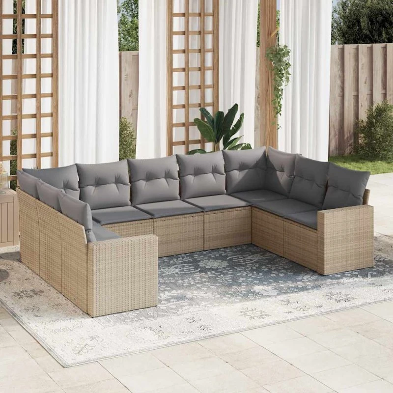 Havesofasæt 9 dele i beige polyrattan inkl. hynder